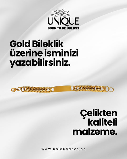 Altın Renk Zincir Detaylı Çelik Bileklik (Unisex)